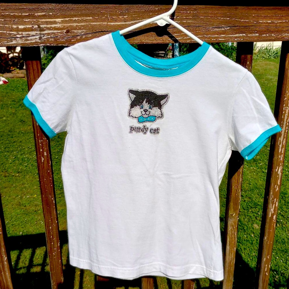 🐱 Vintage 80’s Purdy Cat T-shirt One of a Kind Great Quality Tee w/ Blue Trim